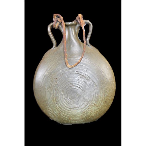 Catawba Valley Alkaline Glazed Folk Pottery Wheel Thrown Pilgrim Flask- 7.5" X 6"