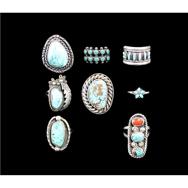 8 Unmarked Sterling Turquoise And Coral Rings