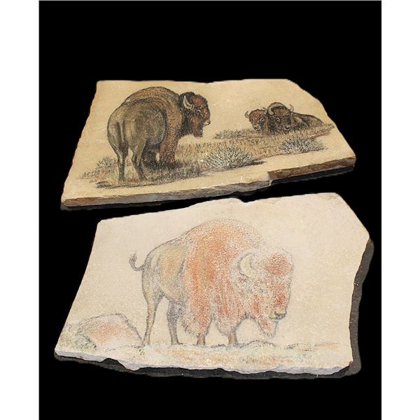 2 Buffalo Sketches On 1" Sandstone- JH 04- 20" X 14"