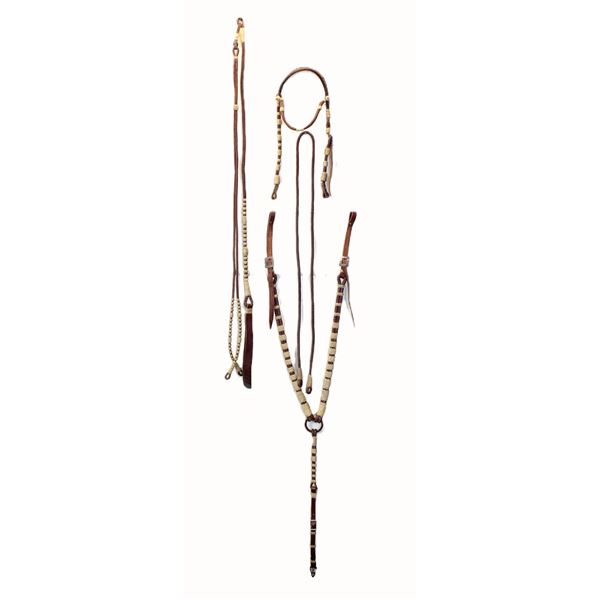 Braided Rawhide And Leather Romal Reins, Breast Collar, And Browband Headstall- Unmarked Lee Rice Fr