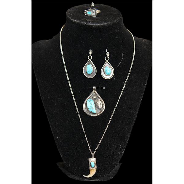 Turquoise Earrings, Rings, And Claw Necklace-  Turquoise Pendant Marked Handmade LFIaTero