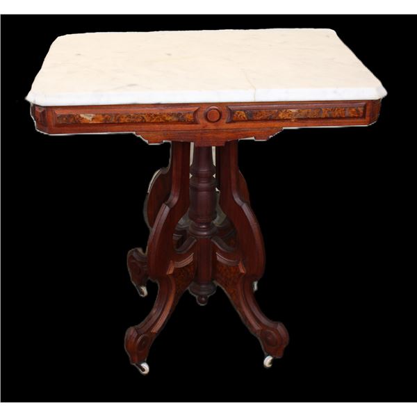 1890's Walnut Marble Topped Parlor Table On Casters- 30" X 29" X 20"- Great Condition