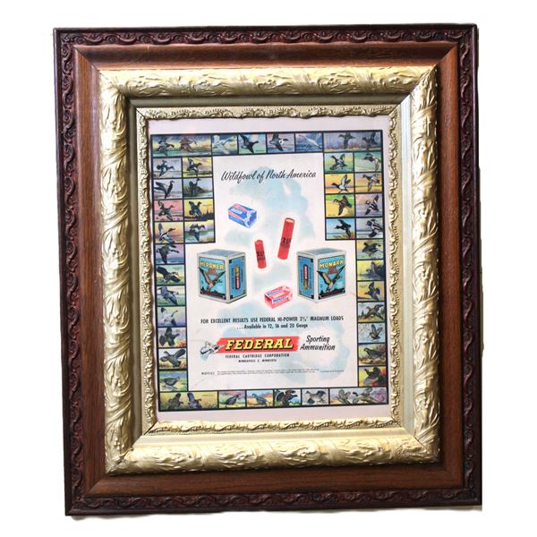 Federal Ammo Advertising Print On Antique Carved Oak Frame- 31" X 27"