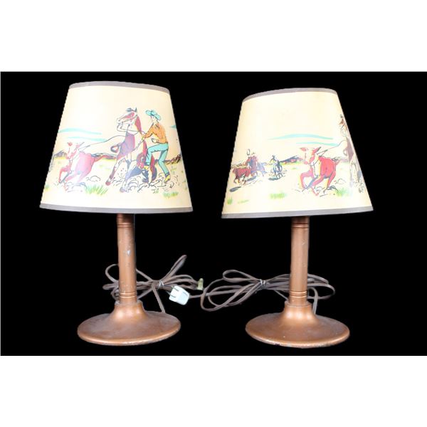 Pair Of Vintage Table Lamps With Cowboy Lamp Shades- 13"- Work