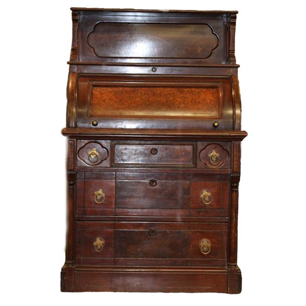 1890's Cylinder Rolltop Desk- Walnut With Birdseye Maple Inlays- Original Hardware- Good Condition- 