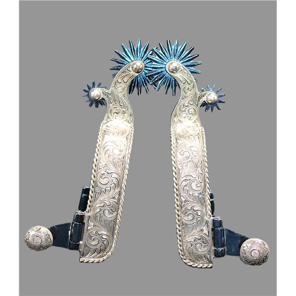 Marked E Garcia Silver Overlaid Tom Mix Style Spurs- .9" Bands- 1.75" Shanks- 1.5" 20 Point Rowels- 