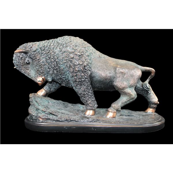 Unmarked Bronze Charging Buffalo Sculpture- 11" X 17" X 17"