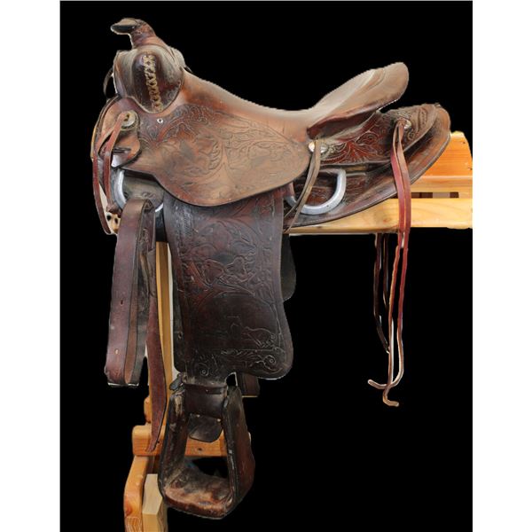Marked Abe Racine 1-28-59 Tooled Saddle- Owned By Bum Larry- 15" Seat- Good Sheepskin- Nickel Concho