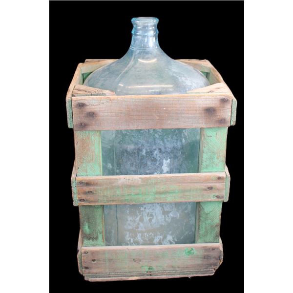 Glass Water Bottle In Primitive Wooden Crate- 15.5" X 12"