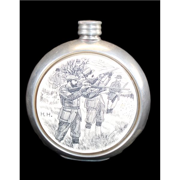 English Pewter Sheffield Whiskey Flask With Scrimshawed Hunting Scene- Marked H H- 4.25"