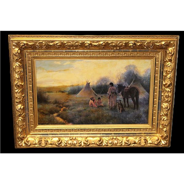 Signed Robert Duncan Indian Family In Camp Picture- 100 Year Old Gold Gilt Frame- 43" X 30"