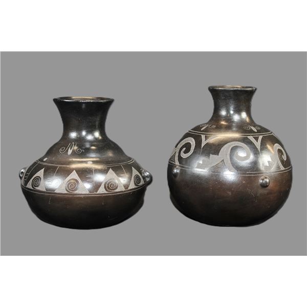 2 Blackware Native Pots Marked Mateos Mexico- 6.25"  X 6" - 7" X 6.25"