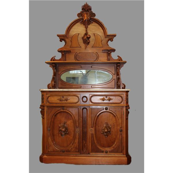 1880s Exceptional Marble Topped Server Buffet- Oak Leaf And Acorns- Carved- Mirror- Fantastic Peace-