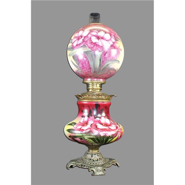 Antique Hand Painted Hurricane Oil Lamp With Metal Base- 29"