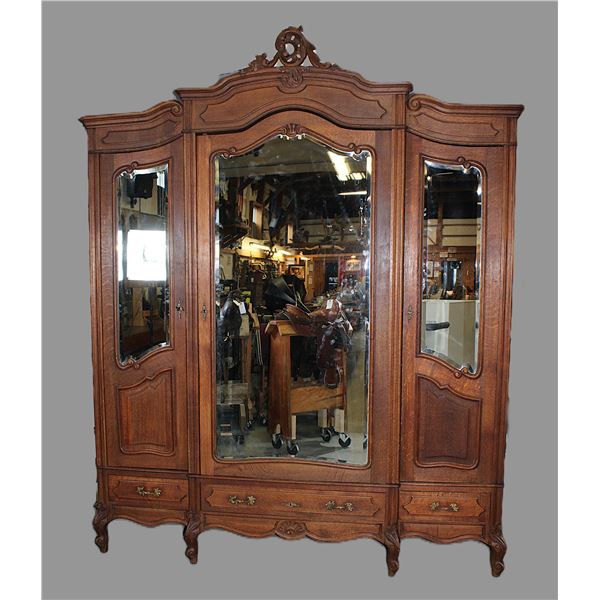 Exceptional 1900's Oak 3 Door Beveled Mirrored Wardrobe- Drawers- Keys- Original Hardware- Carved- C