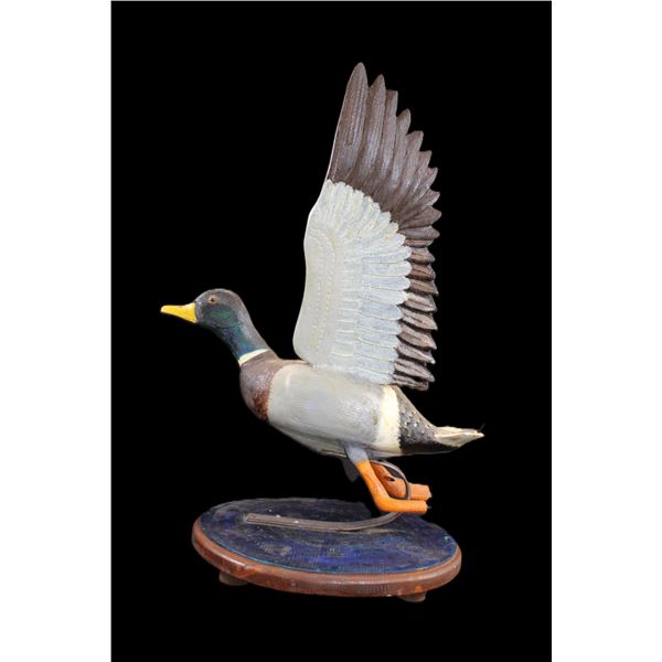 Early Hand Carved Flying Mallard Wooden Decoy On Base- 27" X 20"
