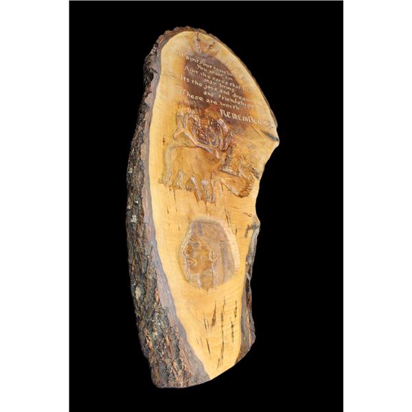 Large Wood Carving Of Buffalo, Elk, Indian- Poem Entitled "Remembering"- 28" X 12"