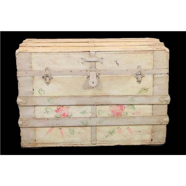 Antique Slat Top Trunk With Folk Art Decoration- 21" X 30" X 18"