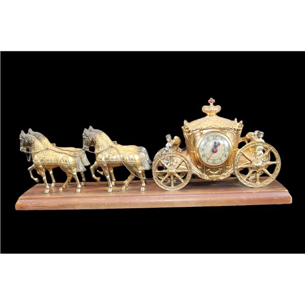 Horse Drawn Metal Clock On Base- Works- 8" X 21" X 5"