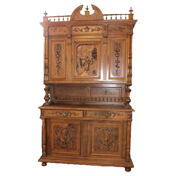 Exceptional Walnut French Court Cupboard- Relief Carved Doors- Full Gallery Top- Keys- Original Hard