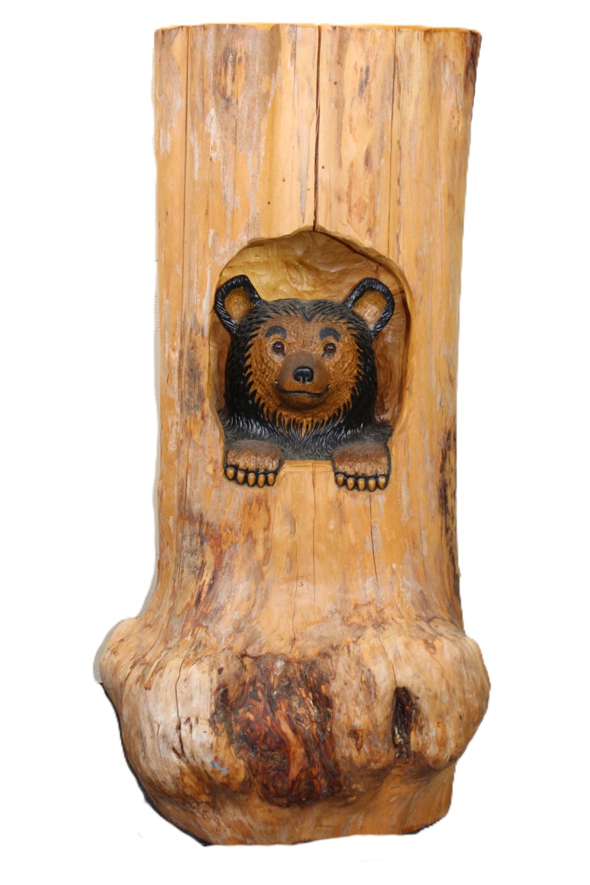 Burl Log With A Bear Carved Inside Of It- 40