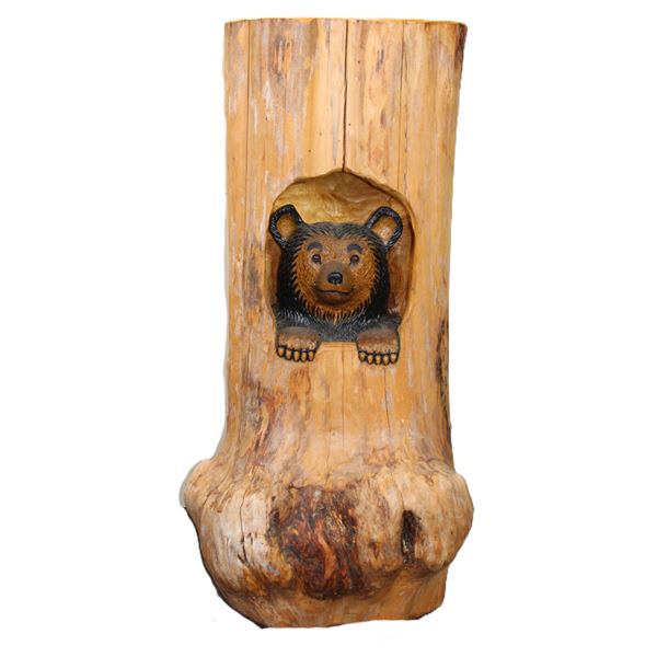 Burl Log With A Bear Carved Inside Of It- 40" X 15"