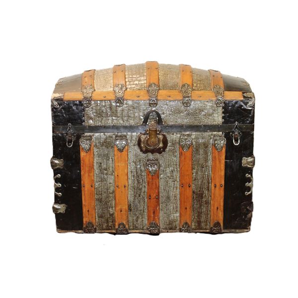 Antique Round Top Slatted Trunk- 30" X 34" X 21"