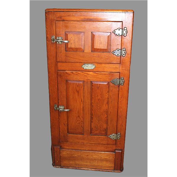 Belding Hall One Piece Seamless Porcelain Lined Oak Ice Box- Hardware Missing On Side Door- 53" X 25