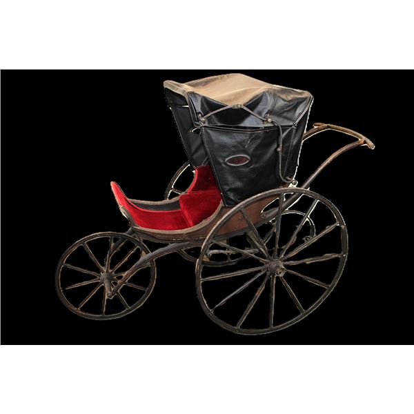 Antique Velvet Lined Baby Buggy- Top Folds Down- 29" Rear Wheels- 18" Front Wheel- Pretty Good Condi