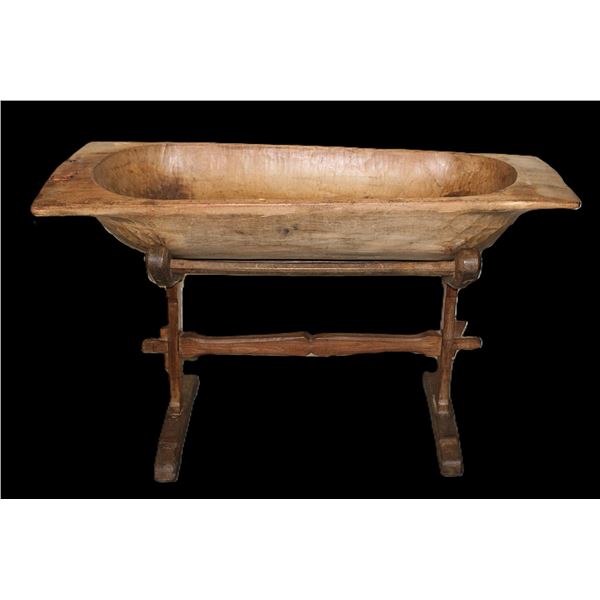 Large Primitive Hand Carved Dough Bowl With Original Stand- 30" X 48" X 18"