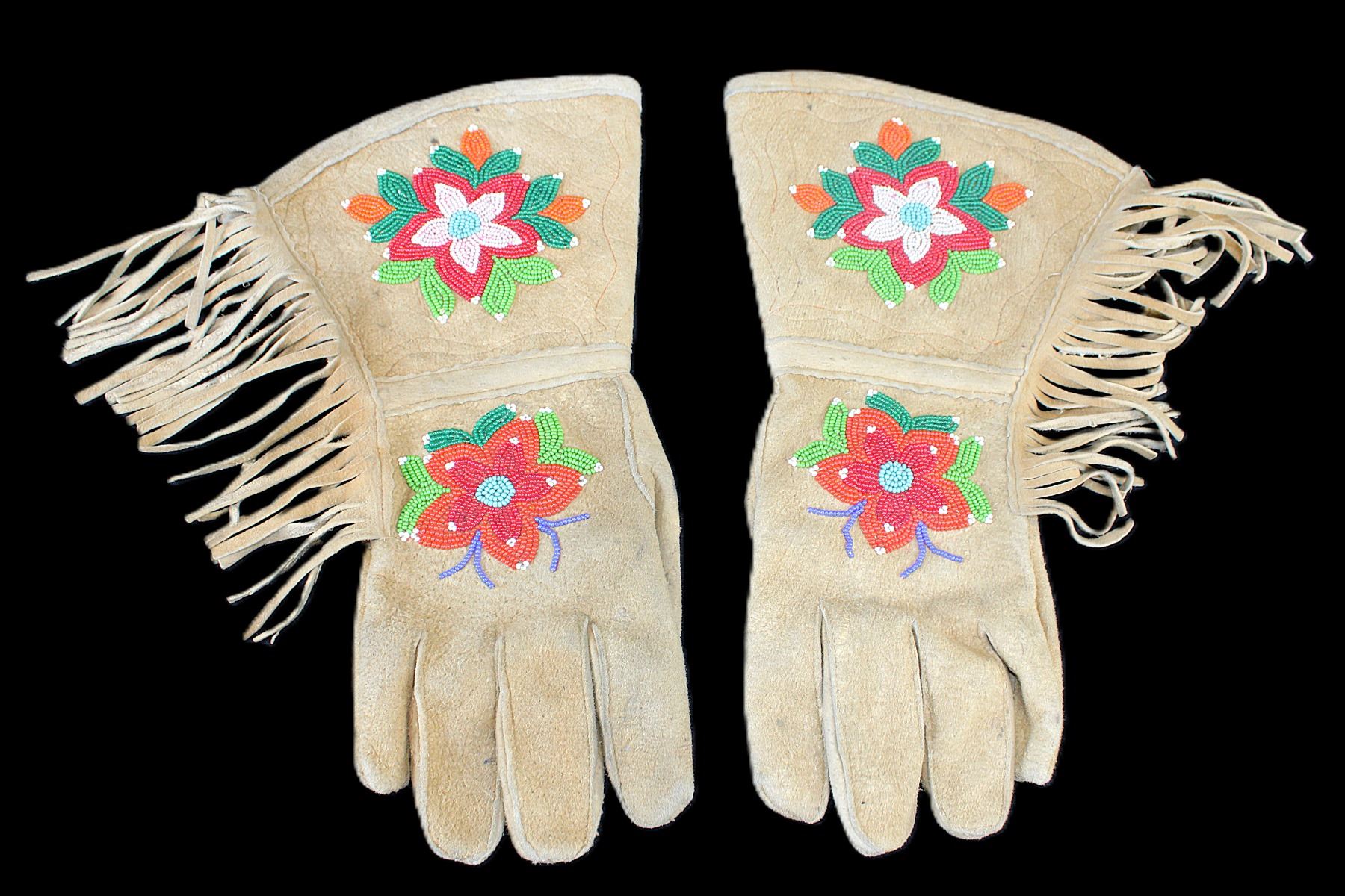 Beaded And Fringed Native Gauntlets- Cloth Lined- 14