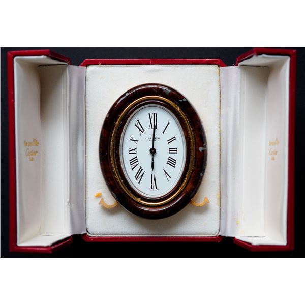 Cartier Baignoire Travel Alarm Clock with  wood appeal contour.  Housed in original Cartier Red Box 