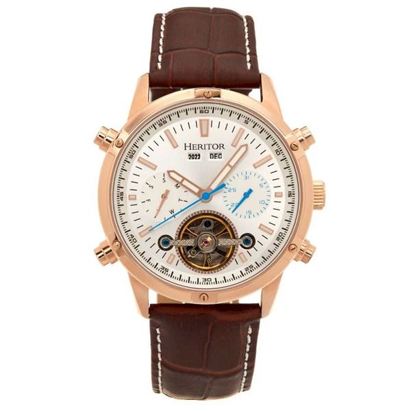 Heritor Automatic Wilhelm Semi-Skeleton Leather-Band Watch w/Day/Date - Brown/Rose Gold - HERHS2106.