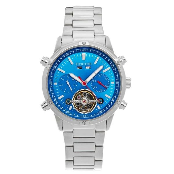 Heritor Automatic Wilhelm Semi-Skeleton Bracelet Watch w/Day/Date - Silver/Blue - HERHS2103.  New in