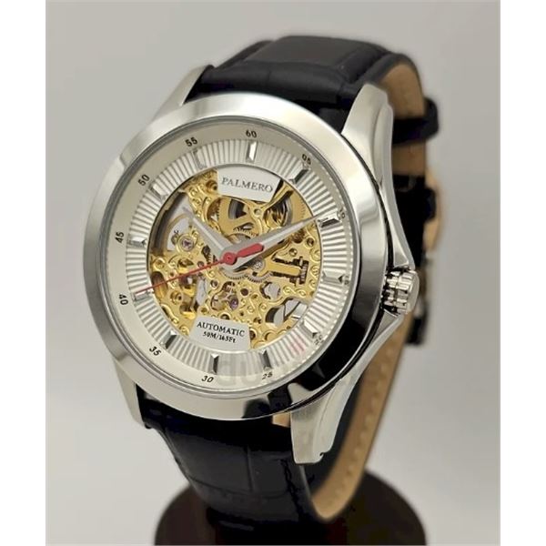 Palmero Caron Skeleton Automatic Watch w/Ivory Dial & Black Strap.  New in Original Box.