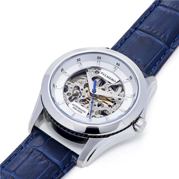 Palmero Caron Skeleton Automatic Watch w/White Dial & Blue Strap.  New in Original Box.