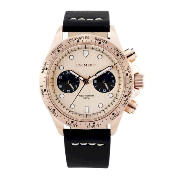 Palmero Voyager Dual Time Chronograph w/Gold Dial & Black Strap.  New in Original Box.