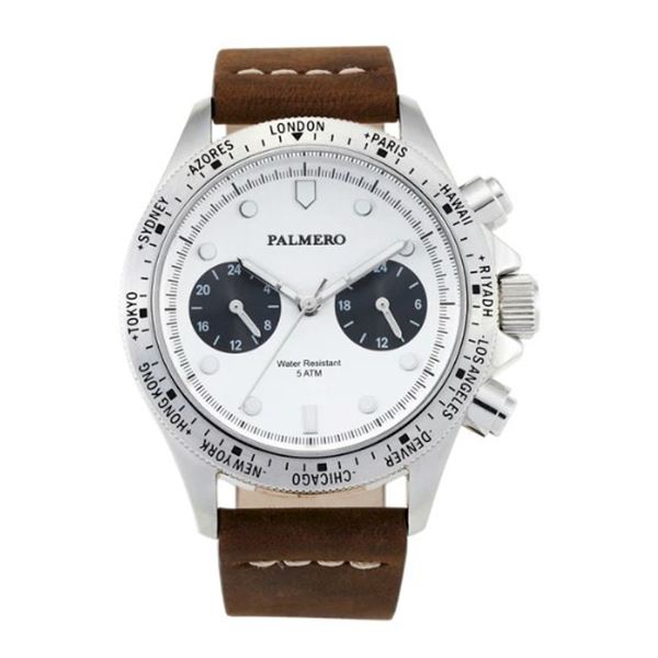 Palmero Voyager Dual Time Chronograph w/Silver Dial & Brown Strap.  New in Original Box.
