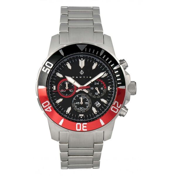 Nautis Men's Dive Chronograph 500 Quartz Watch - Stainless Steel w/Red & Black Dial.  New in Origina