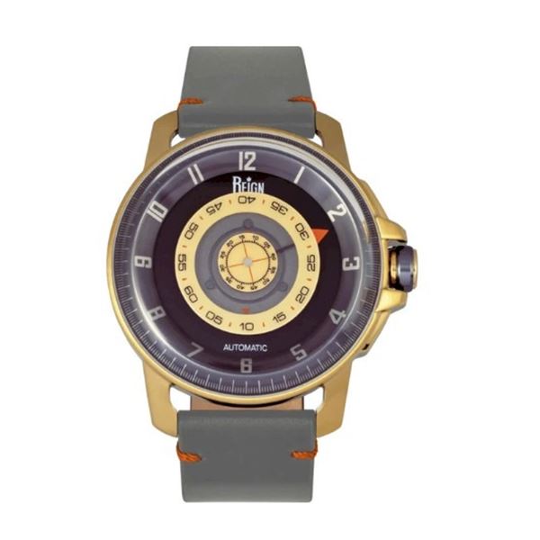 Reign Monarch Automatic Men's Watch w/Grey/Yellow Dial & Domed Leather-Band Watch.    New in Origina