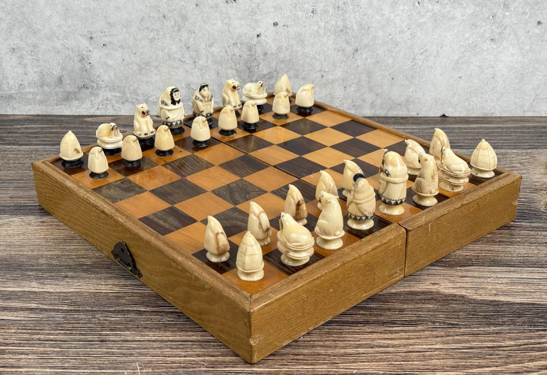 Alaskan Inuit Eskimo Carved Ivory Chess Set