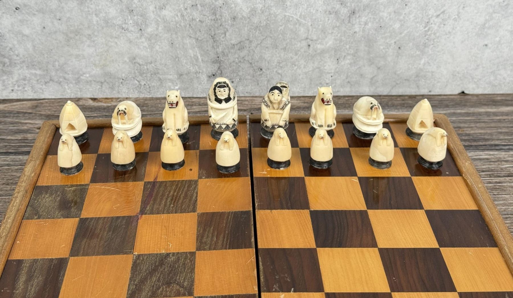 Alaskan Inuit Eskimo Carved Ivory Chess Set
