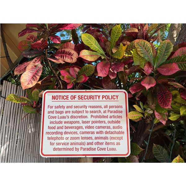 Notice of Security Policy Sign for Paradise Cove Luau 24" x 16.5"