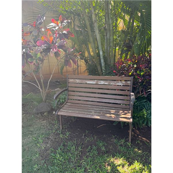 Slatted Wooden Park Bench w/ Metal Armrests 44"L x 32.5"H