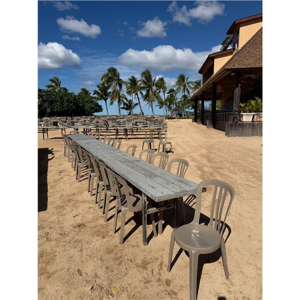 Qty 3 Tables 95" x 24" x 29"H & 24 Plastic Stacking Chairs 16" Dia, 36"H