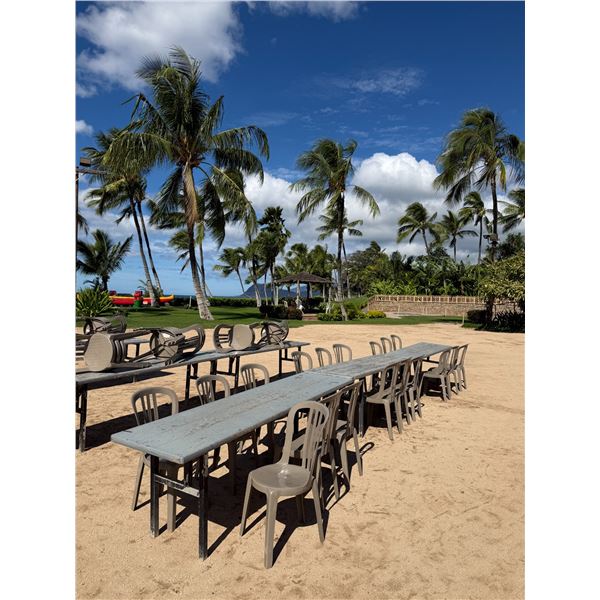 Qty 3 Tables 95" x 24" x 29"H & 18 Plastic Stacking Chairs 16" Dia, 36"H