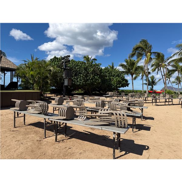 Qty 6 Tables 95" x 24" x 29"H & 48 Plastic Stacking Chairs 16" Dia, 36"H