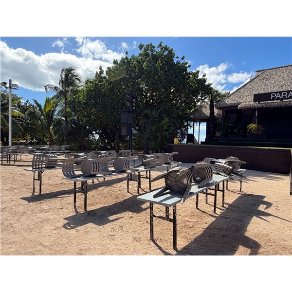 Qty 6 Tables 95" x 24" x 29"H & 48 Plastic Stacking Chairs 16" Dia, 36"H