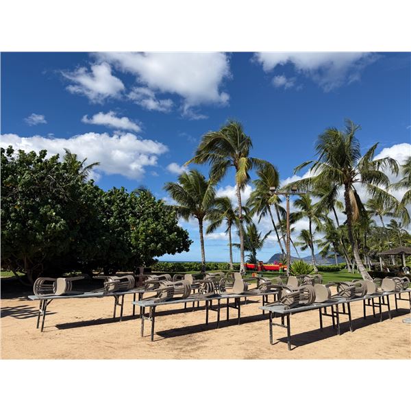 Qty 9 Tables 95" x 24" x 29"H & 54 Plastic Stacking Chairs 16" Dia, 36"H