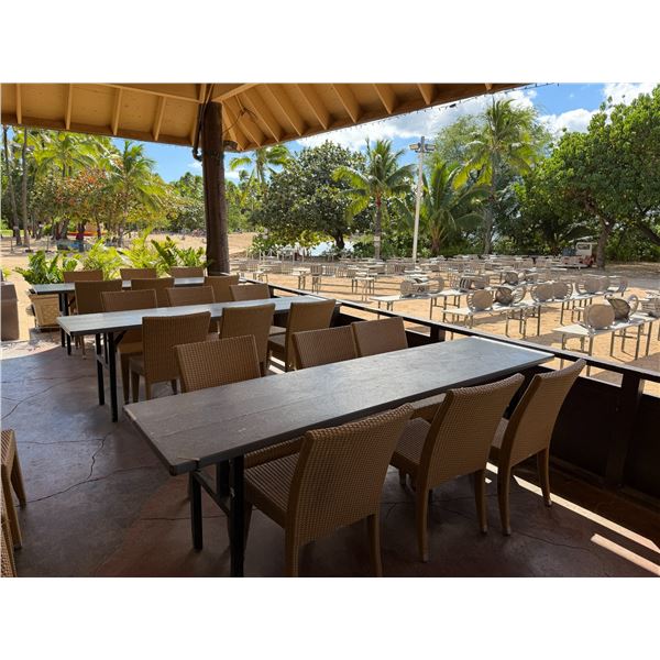 Qty 3 Long Tables 95" x 24" x 29"H & 18 GAR Woven Chairs 17" x 16" x 37"H